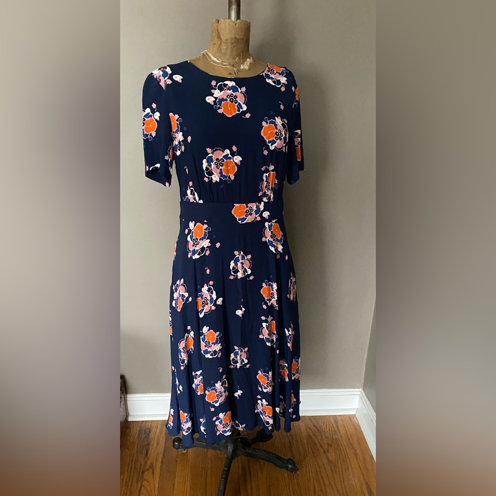 Boden Navy Floral Midi Dress Women’s Size 8 Timeless Classic Elegant